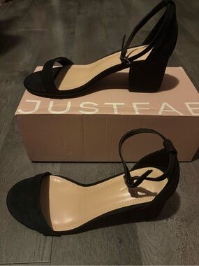 JustFab Black Suede Block Heel Ankle-Strap Sandals